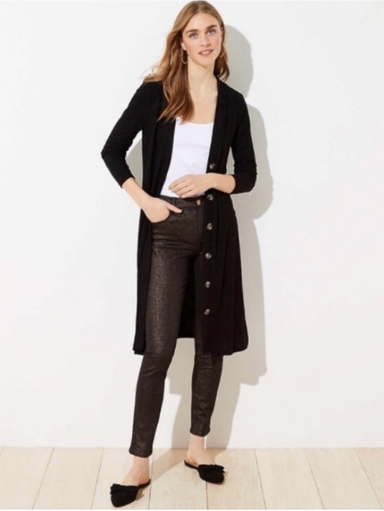 LOFT Sweaters - LOFT Long Ribbed Cardigan Black Button Front Midi Duster Women’s Small